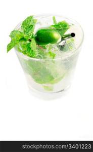 mojito caipirina cocktail with fresh mint leaves ,yerba-buena, with lime and black straw isolated on white background