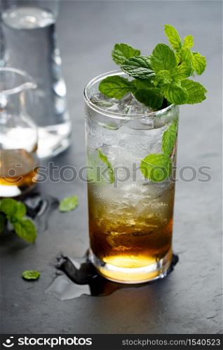 mojito cocktail, cold drink with ice cubes and fresh mint leaves on rustic dark table.