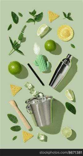 Mojito cocktail concept. Mojito ingredients and cocktail accessories flat lay top view Mexican food and drink