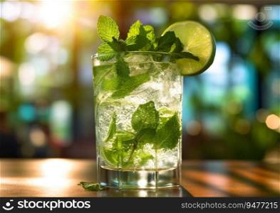 Mojito cocktail glass with lime and mint on restaurant table.AI generative