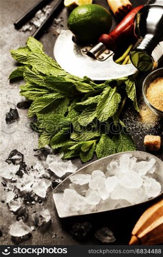 Mojito cocktail ingredients (fresh mint, lime, ice) on rustic background