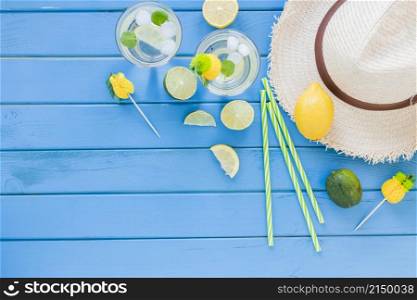 mojito cocktails glasses with straw hat