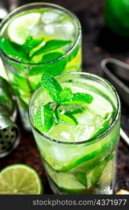 Mojito with a sprig of mint and ice. Macro background. High quality photo. Mojito with a sprig of mint and ice.