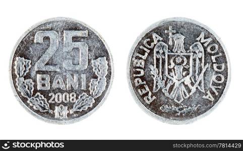 Moldova Coin 25 bani on the white background (2008 year)