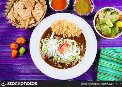 Mole enchiladas mexican food with chili sauces and nachos lemon habanero