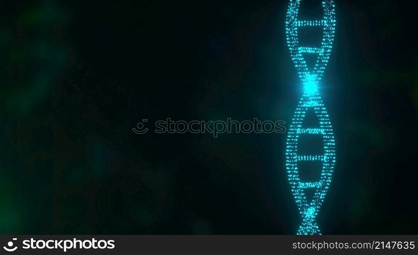 Molecular 3d render connection in wriggling genetic chromosome. Connected strands of genome with shimmering microscopic lines and dots. Biochemical curved filament in electronic imaging. Molecular 3d render connection in wriggling genetic chromosome. Connected strands of genome with shimmering microscopic lines and dots. Biochemical curved filament in electronic imaging.. Digital luminous dna spiral.