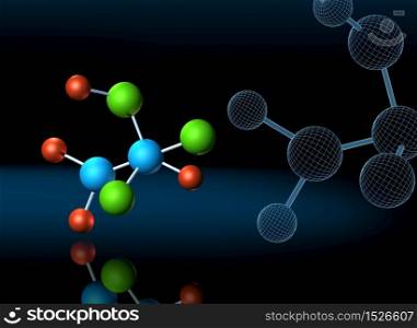 Molecular atoms and wireframe model on dark reflective background