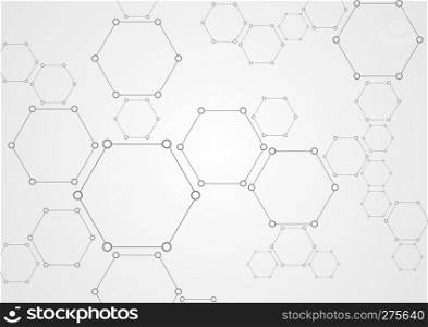 Molecular hexagons structure abstract tech background. Light grey medical design. Molecular grey structure abstract tech background