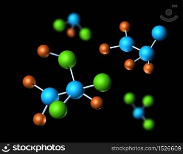 Molecular structure models formed by atoms and bonds on black background