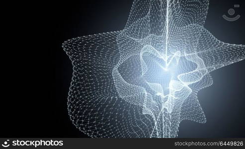 Molecule model with connected lines with dots on dark background. Medicine, technology, chemistry or science background. Scientific or medical background with molecules and atoms. 3d illustration.. Molecule model with connected lines with dots on dark background. Medicine, technology, chemistry or science background. Scientific or medical background with molecules and atoms. 3d illustration