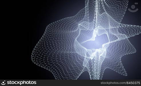 Molecule model with connected lines with dots on dark background. Medicine, technology, chemistry or science background. Scientific or medical background with molecules and atoms. 3d illustration.. Molecule model with connected lines with dots on dark background. Medicine, technology, chemistry or science background. Scientific or medical background with molecules and atoms. 3d illustration