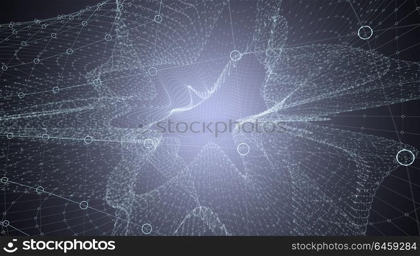 Molecule model with connected lines with dots on dark background. Medicine, technology, chemistry or science background. Scientific or medical background with molecules and atoms. 3d illustration.. Molecule model with connected lines with dots on dark background. Medicine, technology, chemistry or science background. Scientific or medical background with molecules and atoms. 3d illustration