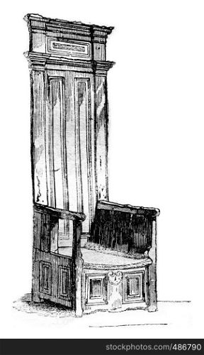 Moliere's chair, in Pezenas, vintage engraved illustration. Magasin Pittoresque 1836.