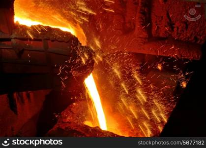 Molten steel pouring inside of plant
