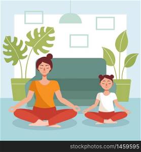Mom and daughter do yoga at home. The concept of home activity with children in quarantine. Prevention of the spread of coronavirus. Flat cartoon vector illustration.
