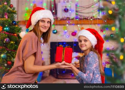 Mom and daughter hold a gift and looked into the frame