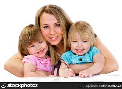 Mom and daughters, happy family, isolated on white background