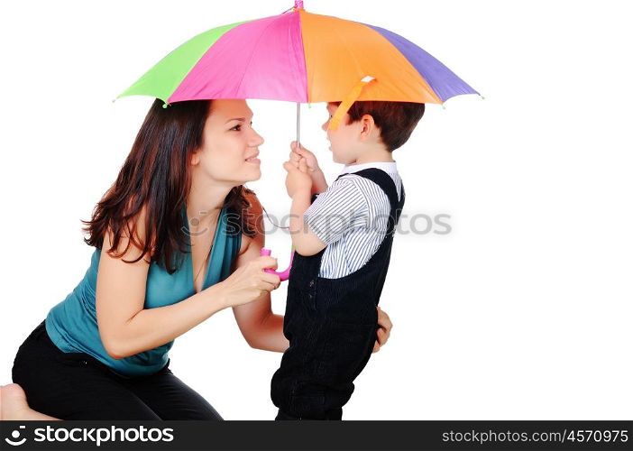 Mom and her young son together under an umbrella. On a white background.