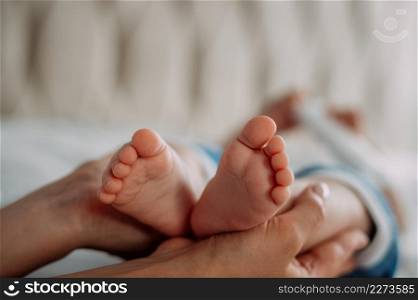 Mom holds the baby by the tiny feet.. Tiny baby feet in the hands of parents 4224.