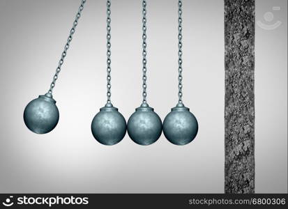 Momentum concept as a group of wrecking balls as a newton cradle pendulum symbol facing a cement wall as a business metaphor for applying a tream strategy to break an obstacle with 3D illustration elements.