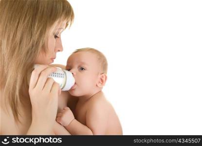 Mommy give drink her baby boy by feeding bottle over white