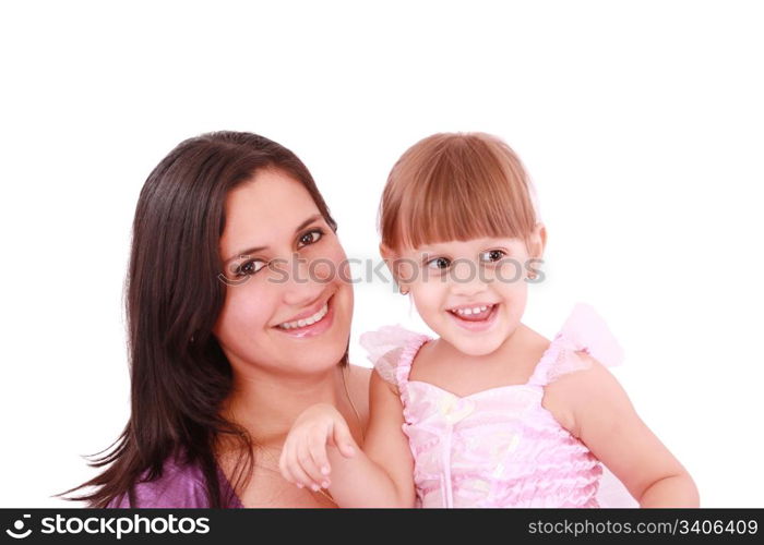 Mommy holding and smiling her girl dressed as a ballerina