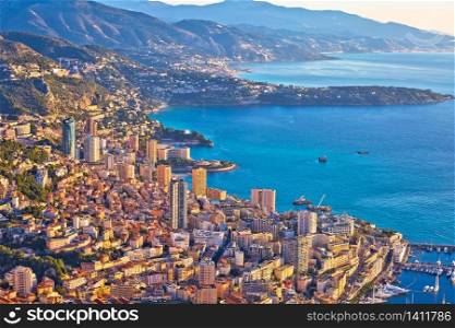 Monaco and Monte Carlo cityscape and coastline colorful view from above, Principality of Monaco, Cote D Azur