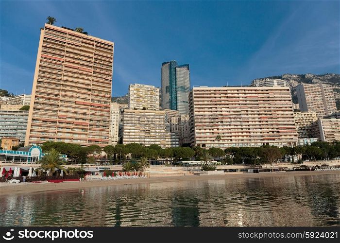 MONACO - NOVEMBER 2, 2014: Panoramic view of the beach in Monte Carlo, Monaco. Principality of Monaco is a sovereign city state, located on the French Riviera
