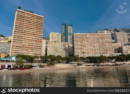 MONACO - NOVEMBER 2, 2014: Panoramic view of the beach in Monte Carlo, Monaco. Principality of Monaco is a sovereign city state, located on the French Riviera