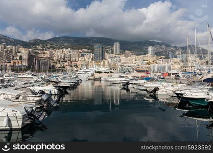 MONACO - NOVEMBER 2, 2014: Panoramic view on marina and residential buildings in Monte Carlo