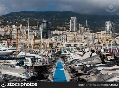 MONACO - NOVEMBER 2, 2014: Panoramic view on marina and residential buildings in Monte Carlo
