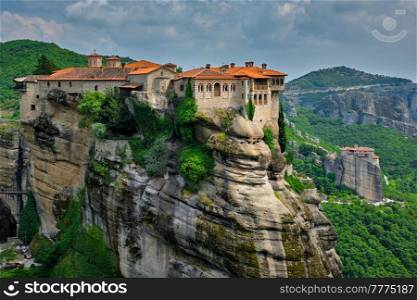 Monastery of Varlaam monastery and Monastery of Rousanou in famous greek tourist destination Meteora in Greece with scenic scenery landscape. Monasteries of Meteora, Greece