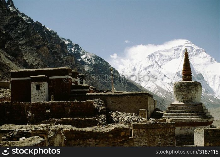 Monastery on a mountain, Rongbuk Monastery, Mt Everest, Tibet, China