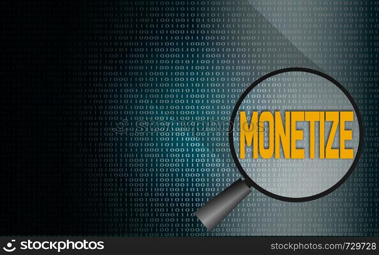Monetize word with binary background, 3D rendering