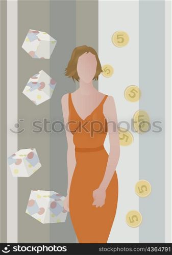 Money and gifts floating around a woman
