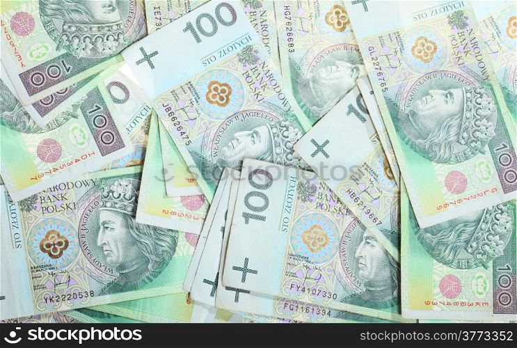 Money and savings concept. 100&#39;s polish zloty banknotes currency as background
