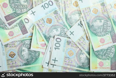 Money and savings concept. 100&#39;s polish zloty banknotes currency as background