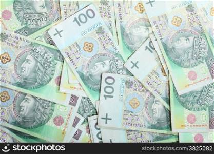 Money and savings concept. 100&#39;s polish zloty banknotes currency as background