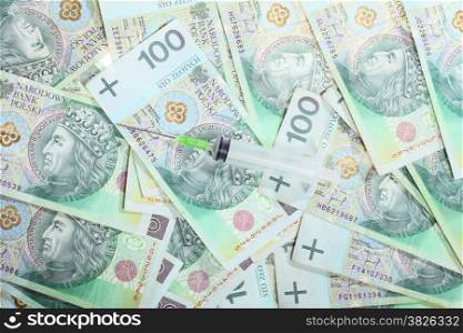 Money and savings concept. 100&#39;s polish zloty bills banknotes currency as background