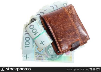 Money and savings concept. Stack and roll of polish zloty one hundred banknotes currency and wallet isolated on white