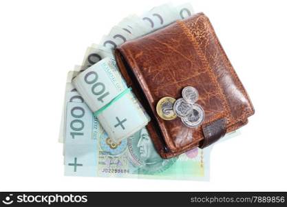 Money and savings concept. Stack and roll of polish zloty one hundred banknotes currency and wallet isolated on white