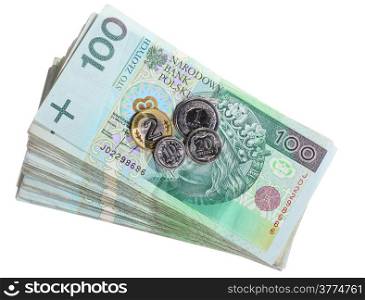 Money and savings concept. Stack of 100&#39;s polish zloty banknotes coins currency isolated on white