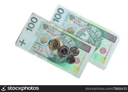 Money and savings concept. Stack of 100&#39;s polish zloty banknotes coins currency isolated on white