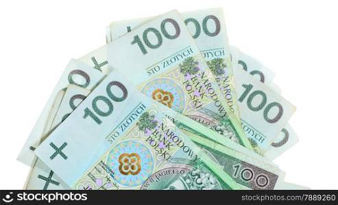 Money and savings concept. Stack of 100&#39;s polish zloty banknotes currency isolated on white