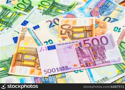 Money background. Closeup of Different Euro banknotes. Selective focus