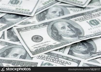 Money background. Closeup of US dollar banknotes. Hundred dollar bills. American currency