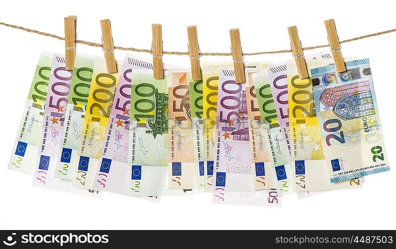Money background. Euro banknotes hanging. Money background. Euro banknotes hanging a rope with clothes pins