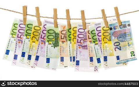 Money background. Euro banknotes hanging. Money background. Euro banknotes hanging a rope with clothes pins