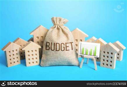 Money bag budget and real estate. Municipality budget of community. Collection of taxes and fees. City services. Effective management, governance of funds. Energy efficiency, urban planning innovation