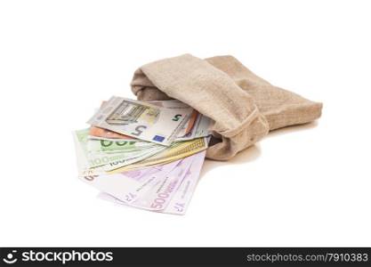 money bag with different euro bills isolated